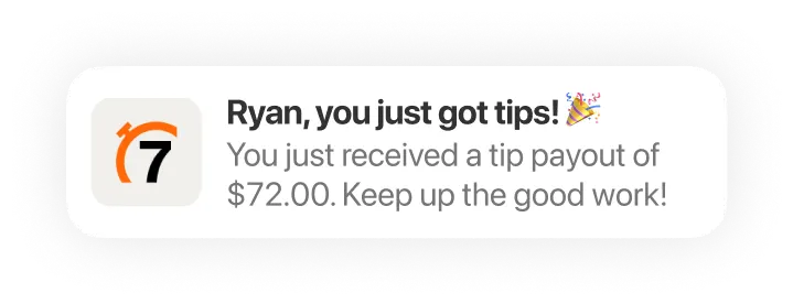 7shifts Tip Management notification informing staff member about their Tips